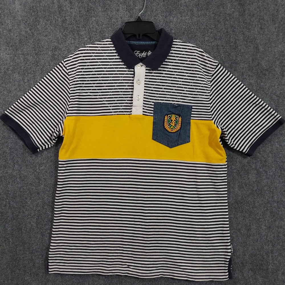 Vintage Eight 732 Polo Shirt Mens XL Navy Striped Yellow Pocket‎ Crest Rugby